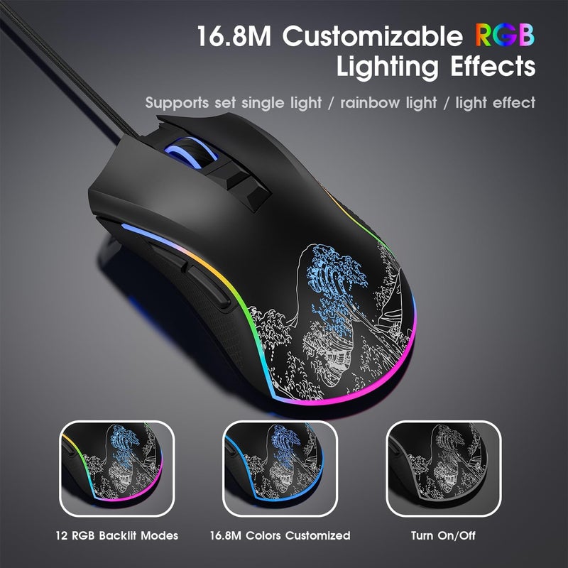 HITIME XVX Wired Gaming Mouse, 12000 DPI RGB Mouse with 12 Backlit Modes & 7 Macro Buttons, Gaming Mice Support DIY Keybinding, Gamer Computer Mice for Laptop PC Mac Windows, Wave - Image 4